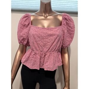 Wild Fable Pink Eyelet Cottagecore Puff Sleeve Babydoll Boho Peplum Blouse Top/M